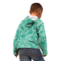 Tahiti Teal Tiare Floral Kid Hoodie Monstera Palm Tropical Leaves - Polynesian Pride