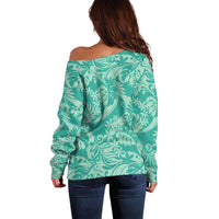 Tahiti Teal Tiare Floral Off Shoulder Sweater Monstera Palm Tropical Leaves - Polynesian Pride