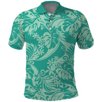Tahiti Teal Tiare Floral Polo Shirt Monstera Palm Tropical Leaves - Polynesian Pride