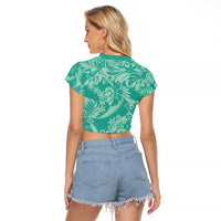 Tahiti Teal Tiare Floral Raglan Cropped T Shirt Monstera Palm Tropical Leaves - Polynesian Pride