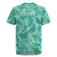 Tahiti Teal Tiare Floral Rugby Jersey Monstera Palm Tropical Leaves LT01 - Polynesian Pride