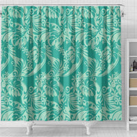 Tahiti Teal Tiare Floral Shower Curtain Monstera Palm Tropical Leaves - Polynesian Pride