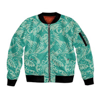 Tahiti Teal Tiare Floral Sleeve Zip Bomber Jacket Monstera Palm Tropical Leaves - Polynesian Pride