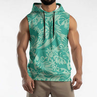 Tahiti Teal Tiare Floral Sleeveless Hoodie Monstera Palm Tropical Leaves - Polynesian Pride