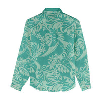 Tahiti Teal Tiare Floral Women Casual Shirt Monstera Palm Tropical Leaves - Polynesian Pride
