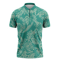 Tahiti Teal Tiare Floral Zipper Polo Shirt Monstera Palm Tropical Leaves - Polynesian Pride