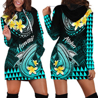 Hawaii Hoodie Dress Polynesian Shark with Kakau Turquoise Version LT01 - Polynesian Pride