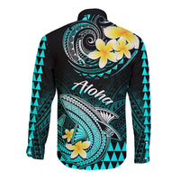 Hawaii Long Sleeve Button Shirt Polynesian Shark with Kakau Turquoise Version LT01 - Polynesian Pride
