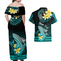 Personalised Hawaii Couples Matching Off Shoulder Maxi Dress and Hawaiian Shirt Polynesian Shark with Kakau Turquoise Version LT01 - Polynesian Pride