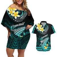 Personalised Hawaii Couples Matching Off Shoulder Short Dress and Hawaiian Shirt Polynesian Shark with Kakau Turquoise Version LT01 Turquoise - Polynesian Pride