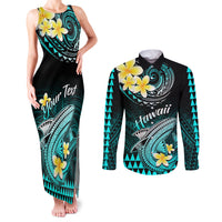Personalised Hawaii Couples Matching Tank Maxi Dress and Long Sleeve Button Shirts Polynesian Shark with Kakau Turquoise Version LT01 Turquoise - Polynesian Pride