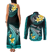 Personalised Hawaii Couples Matching Tank Maxi Dress and Long Sleeve Button Shirts Polynesian Shark with Kakau Turquoise Version LT01 - Polynesian Pride