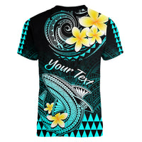 Personalised Hawaii Women V Neck T Shirt Polynesian Shark with Kakau Turquoise Version LT01 - Polynesian Pride