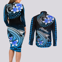 Hawaii Couples Matching Long Sleeve Bodycon Dress and Long Sleeve Button Shirts Polynesian Shark with Kakau Blue Version LT01 - Polynesian Pride