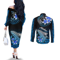 Hawaii Couples Matching Off The Shoulder Long Sleeve Dress and Long Sleeve Button Shirts Polynesian Shark with Kakau Blue Version LT01 - Polynesian Pride