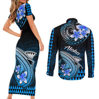 Hawaii Couples Matching Short Sleeve Bodycon Dress and Long Sleeve Button Shirts Polynesian Shark with Kakau Blue Version LT01 - Polynesian Pride