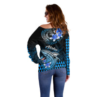 Hawaii Off Shoulder Sweater Polynesian Shark with Kakau Blue Version LT01 - Polynesian Pride