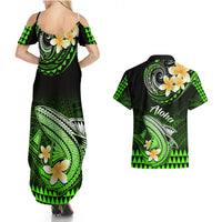 Hawaii Couples Matching Summer Maxi Dress and Hawaiian Shirt Polynesian Shark with Kakau Green Version LT01 - Polynesian Pride