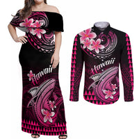 Hawaii Couples Matching Off Shoulder Maxi Dress and Long Sleeve Button Shirts Polynesian Shark with Kakau Pink Version LT01 Pink - Polynesian Pride