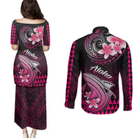 Hawaii Couples Matching Puletasi Dress and Long Sleeve Button Shirts Polynesian Shark with Kakau Pink Version LT01 - Polynesian Pride