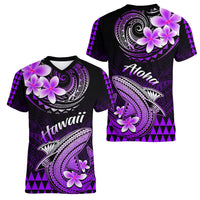 Hawaii Women V Neck T Shirt Polynesian Shark with Kakau Purple Version LT01 - Polynesian Pride