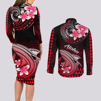Hawaii Couples Matching Long Sleeve Bodycon Dress and Long Sleeve Button Shirts Polynesian Shark with Kakau Red Version LT01 - Polynesian Pride