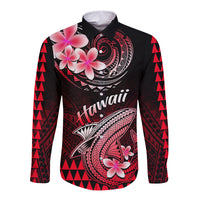 Hawaii Long Sleeve Button Shirt Polynesian Shark with Kakau Red Version LT01 Unisex Red - Polynesian Pride