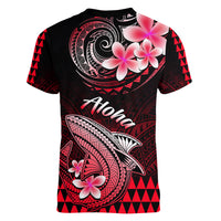 Hawaii Women V Neck T Shirt Polynesian Shark with Kakau Red Version LT01 - Polynesian Pride