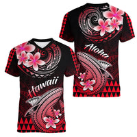 Hawaii Women V Neck T Shirt Polynesian Shark with Kakau Red Version LT01 - Polynesian Pride