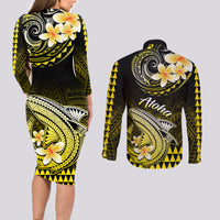 Hawaii Couples Matching Long Sleeve Bodycon Dress and Long Sleeve Button Shirts Polynesian Shark with Kakau Yellow Version LT01 - Polynesian Pride