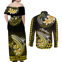 Hawaii Couples Matching Off Shoulder Maxi Dress and Long Sleeve Button Shirts Polynesian Shark with Kakau Yellow Version LT01 - Polynesian Pride