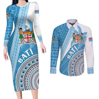 Custom Fiji Rugby Bati Couples Matching Long Sleeve Bodycon Dress and Long Sleeve Button Shirt Tapa Pattern LT01 Blue - Polynesian Pride