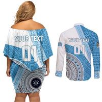 Custom Fiji Rugby Bati Couples Matching Off Shoulder Short Dress and Long Sleeve Button Shirt Tapa Pattern