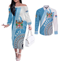 Custom Fiji Rugby Bati Couples Matching Off The Shoulder Long Sleeve Dress and Long Sleeve Button Shirt Tapa Pattern LT01 Blue - Polynesian Pride