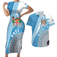 Custom Fiji Rugby Bati Couples Matching Short Sleeve Bodycon Dress and Hawaiian Shirt Tapa Pattern LT01 Blue - Polynesian Pride