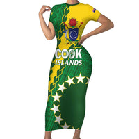 Custom Cook Islands Rugby Kukis Short Sleeve Bodycon Dress Circle Stars LT01 Long Dress Green - Polynesian Pride