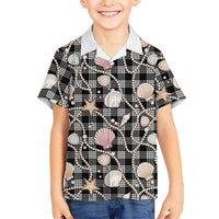 Hawaiian Ocean Seashells Family Matching Short Sleeve Bodycon Dress and Hawaiian Shirt Black Palaka Pattern