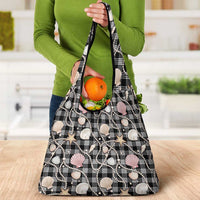 Hawaiian Ocean Seashells Grocery Bag Black Palaka Pattern