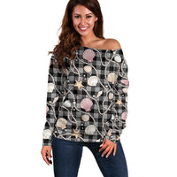 Hawaiian Ocean Seashells Off Shoulder Sweater Black Palaka Pattern