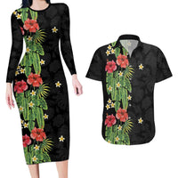 Hawaiian Hibiscus Plumeria Couples Matching Long Sleeve Bodycon Dress and Hawaiian Shirt Tropical Leaves