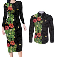Hawaiian Hibiscus Plumeria Couples Matching Long Sleeve Bodycon Dress and Long Sleeve Button Shirt Tropical Leaves