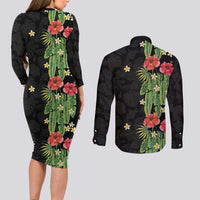 Hawaiian Hibiscus Plumeria Couples Matching Long Sleeve Bodycon Dress and Long Sleeve Button Shirt Tropical Leaves