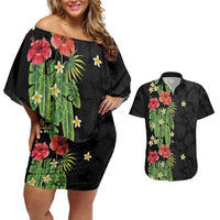 Hawaiian Hibiscus Plumeria Couples Matching Off Shoulder Short Dress and Hawaiian Shirt Tropical Leaves