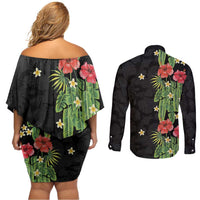 Hawaiian Hibiscus Plumeria Couples Matching Off Shoulder Short Dress and Long Sleeve Button Shirt Tropical Leaves