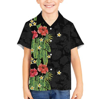 Hawaiian Hibiscus Plumeria Family Matching Off The Shoulder Long Sleeve Dress and Hawaiian Shirt Tropical Leaves LT01 Son's Shirt Black - Polynesian Pride