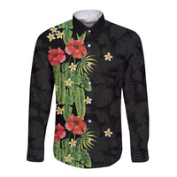 Hawaiian Hibiscus Plumeria Long Sleeve Button Shirt Tropical Leaves LT01 Unisex Black - Polynesian Pride