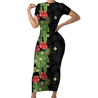 Hawaiian Hibiscus Plumeria Short Sleeve Bodycon Dress Tropical Leaves LT01 Long Dress Black - Polynesian Pride