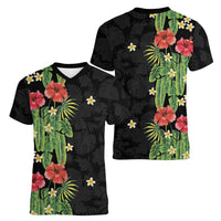 Hawaiian Hibiscus Plumeria Women V-Neck T-Shirt Tropical Leaves