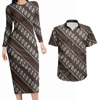 Yogyakarta Parang Batik Motifs Couples Matching Long Sleeve Bodycon Dress and Hawaiian Shirt Indonesian Traditional Pattern LT01 Brown - Polynesian Pride