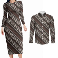 Yogyakarta Parang Batik Motifs Couples Matching Long Sleeve Bodycon Dress and Long Sleeve Button Shirt Indonesian Traditional Pattern LT01 Brown - Polynesian Pride